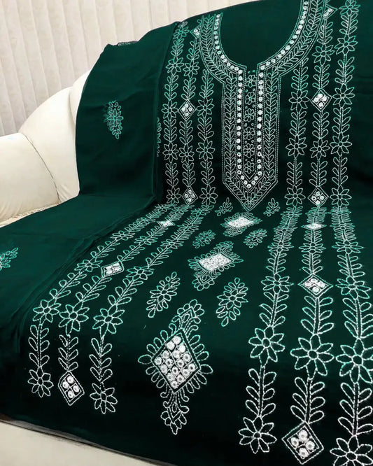 Green Sheesha Work Unstitched Suit – Model wearing full 3-piece look in garden setting