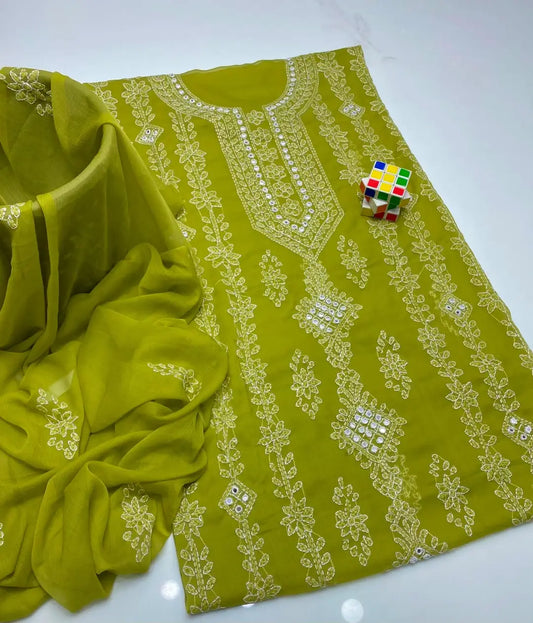 2 Pcs Women's Unstitched Sheesha Work Suit – Green Chiffon worn by model