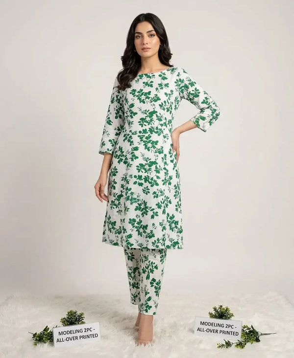 Women's Unstitched Printed Suit - Model wearing green floral 2pc