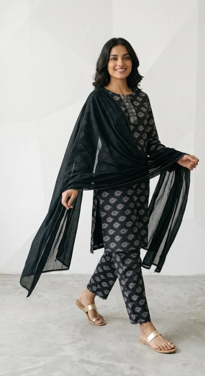Black Printed Lawn 3-Piece Suit - Model wearing full outfit with dupatta