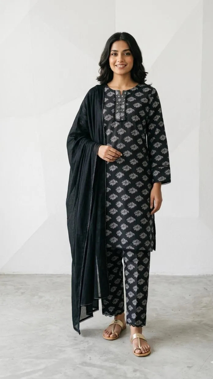 Black Printed Lawn 3-Piece Suit - Flat lay showing kurti and trousers