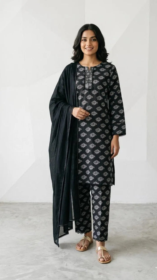 Black Printed Lawn 3-Piece Suit - Flat lay showing kurti and trousers