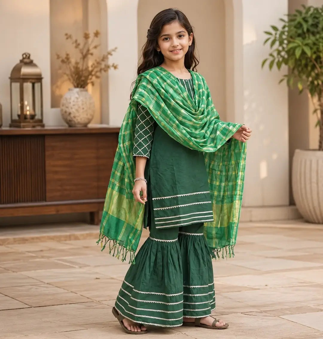 Girls Green Embroidered 3-Piece Lawn Suit – Frock, Sharara & Checkered Dupatta | Kids Eid Wear