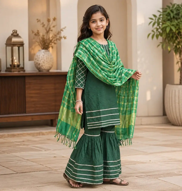 Girls Green Embroidered 3-Piece Lawn Suit – Frock, Sharara & Checkered Dupatta | Kids Eid Wear