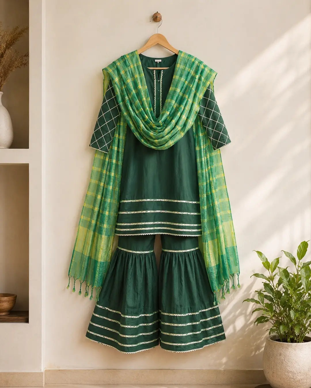 Girls Green Embroidered 3-Piece Lawn Suit – Frock, Sharara & Checkered Dupatta | Kids Eid Wear