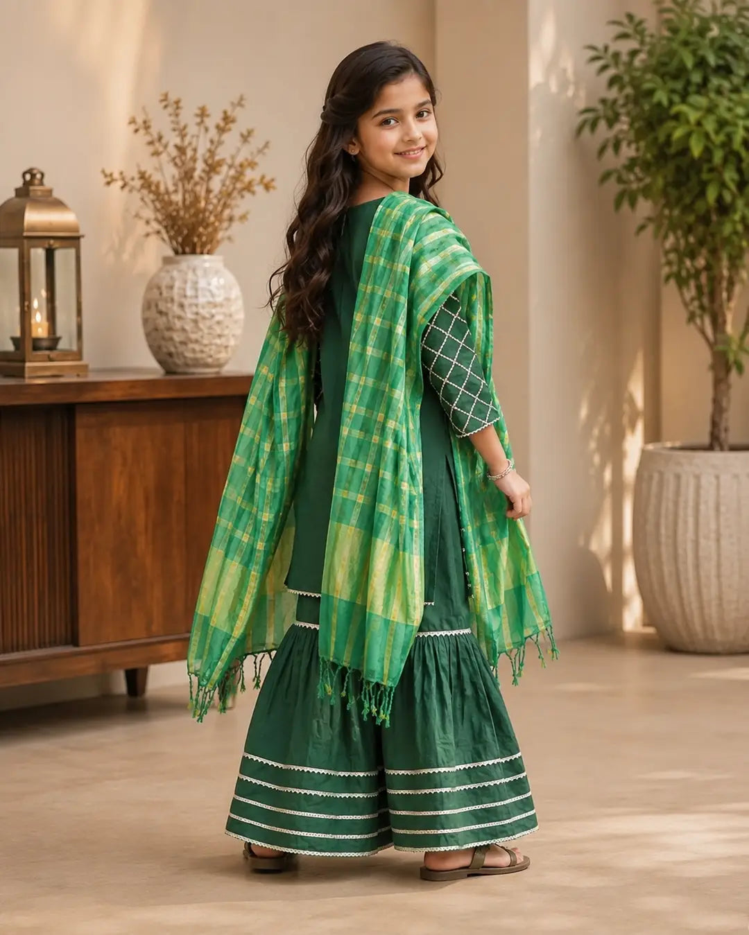 Girls Green Embroidered 3-Piece Lawn Suit – Frock, Sharara & Checkered Dupatta | Kids Eid Wear