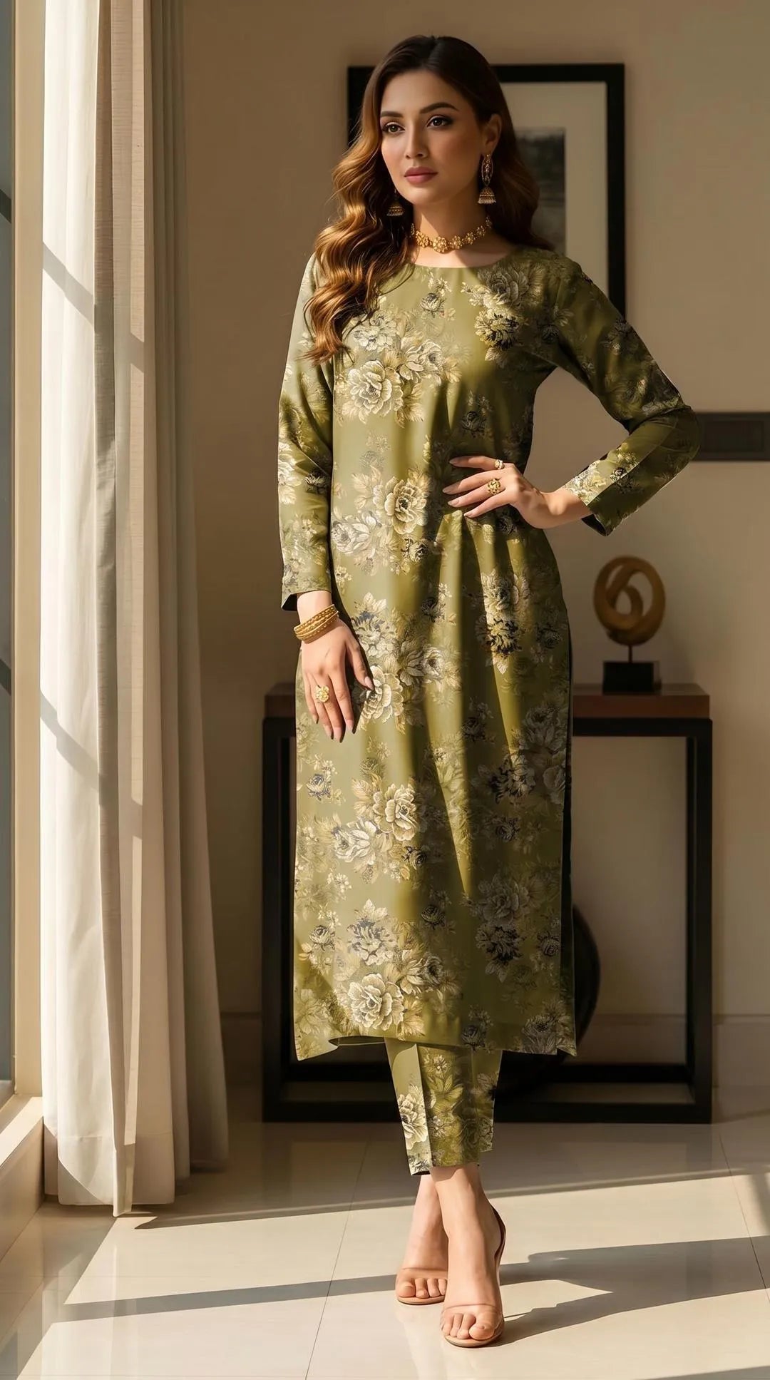 Nisha Printed Lawn 2-Piece Set - Green Floral Fabric