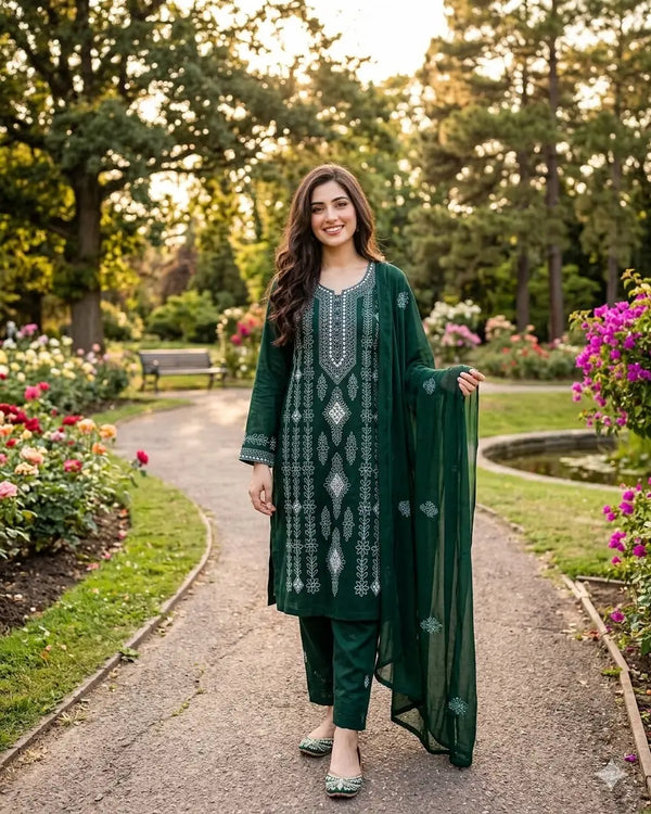 Green Sheesha Work Unstitched Suit – Fabric closeup showing hand embroidery and mirror work