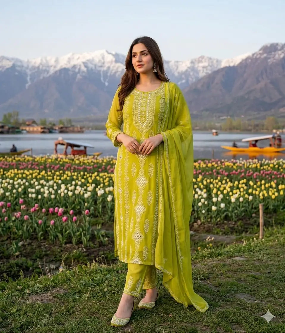 2 Pcs Women's Unstitched Sheesha Work Suit – Green Chiffon fabric flat lay