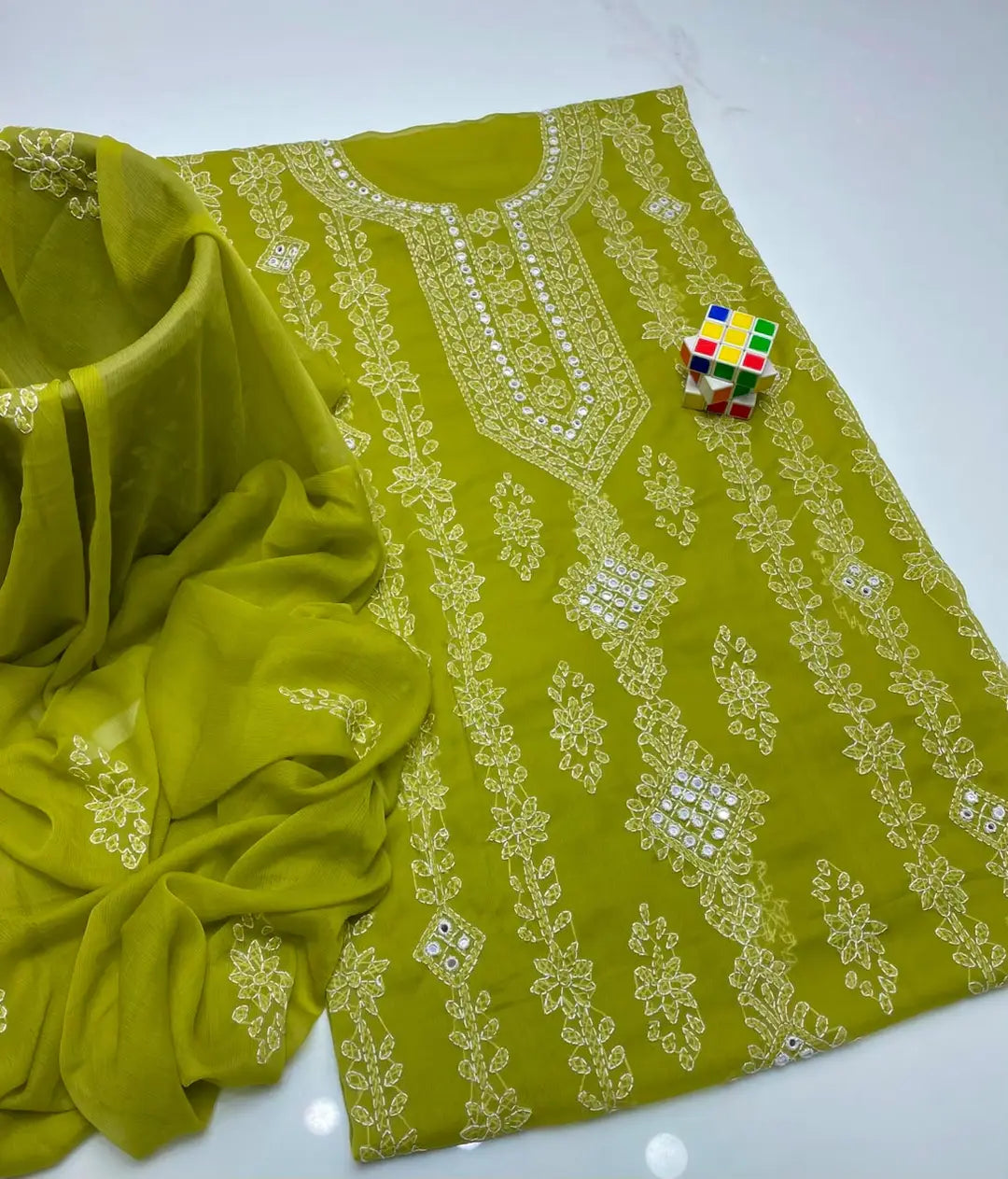 2 Pcs Women's Unstitched Sheesha Work Suit – Green Chiffon worn by model
